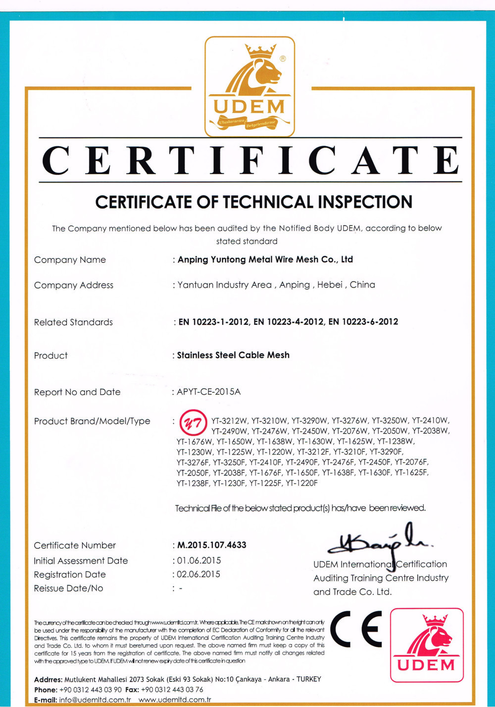 Çin Anping Yuntong Metal Mesh Co., Ltd. Sertifikalar